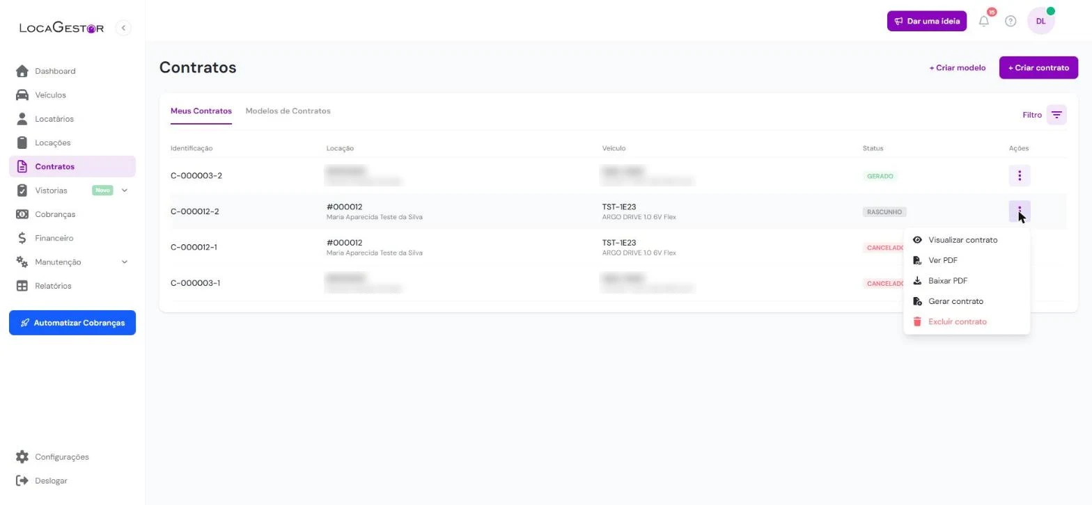 Menu de ações de um contrato no LocaGestor: Visualizar contrato, Ver PDF, Baixar PDF, Gerar contrato e Excluir contrato