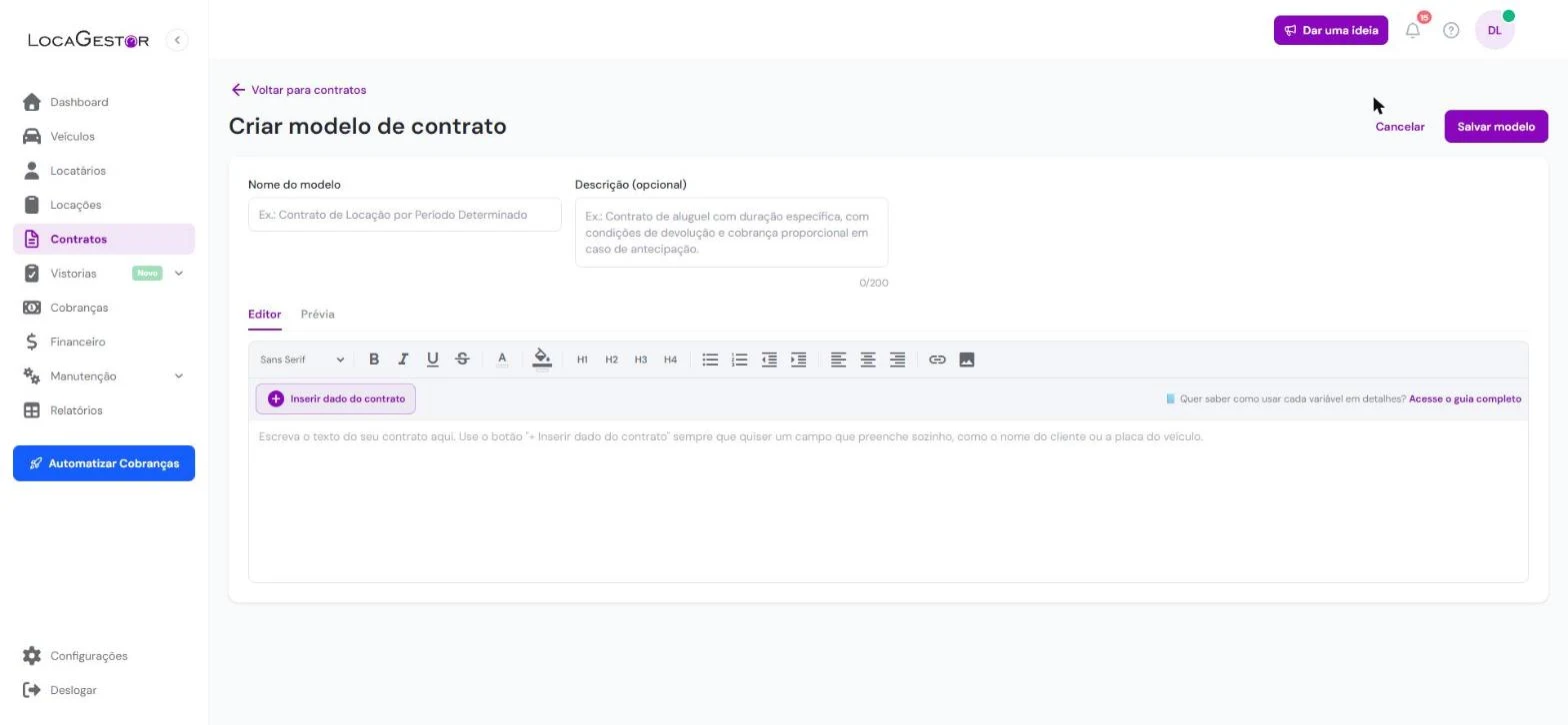 Tela Criar modelo de contrato do LocaGestor, com nome, descrição e editor de texto