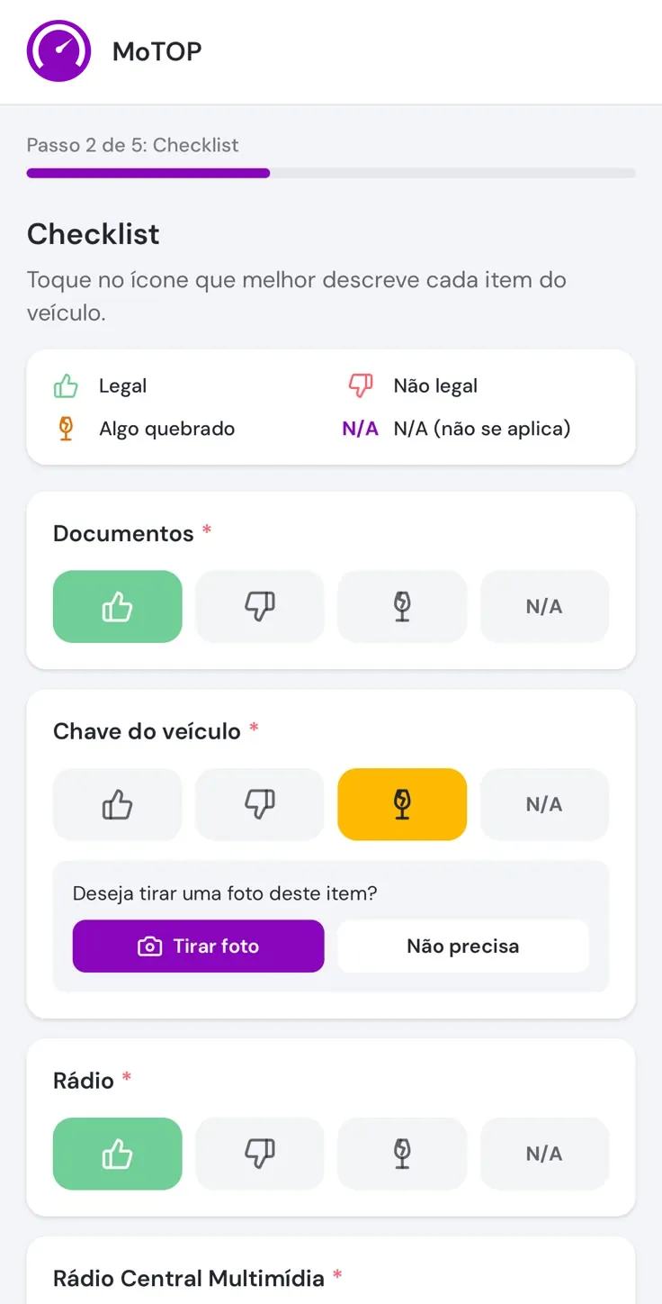 Vistoria do veículo feita pelo celular no LocaGestor